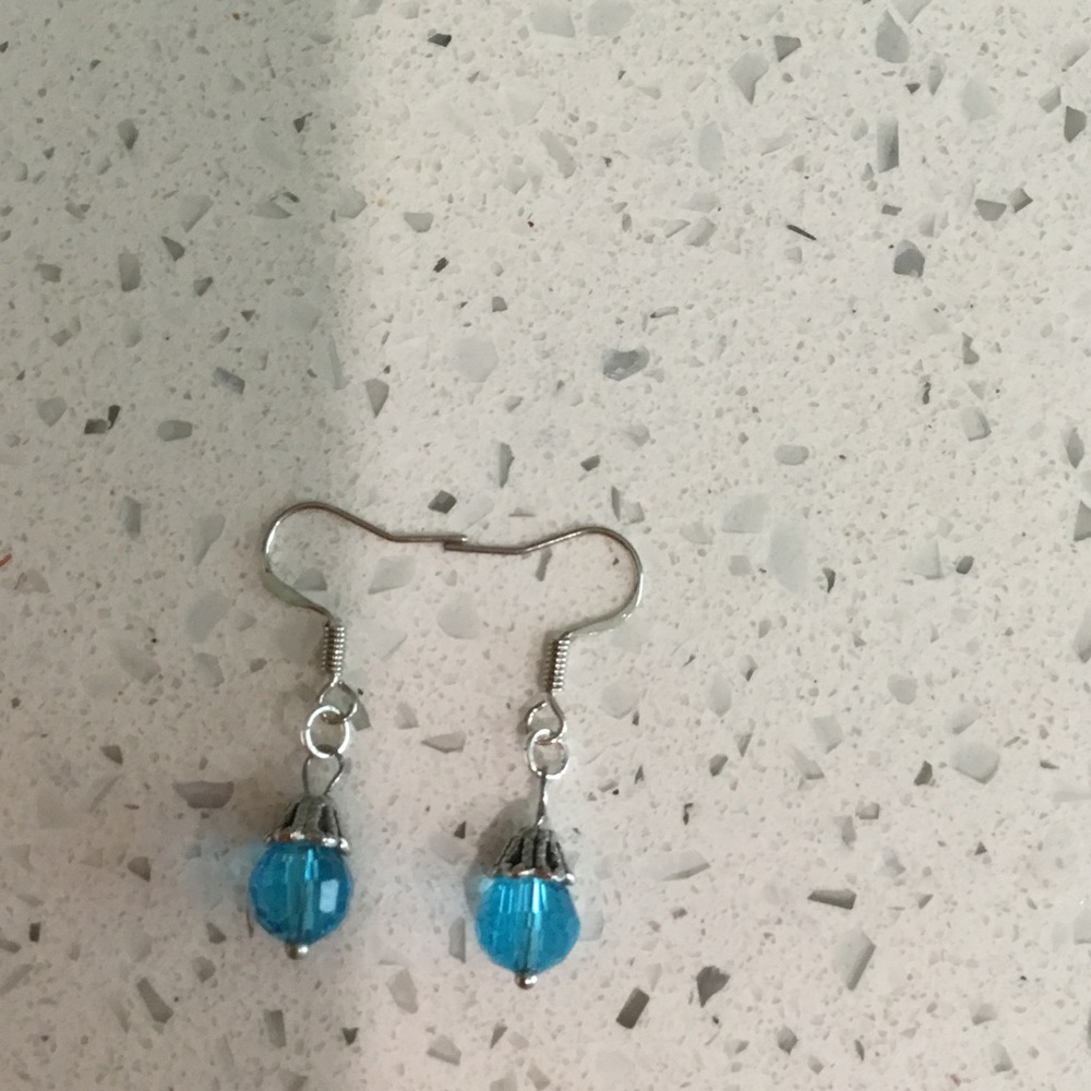 Blue Crystal Drop Earrings - Silver Tone Hooks